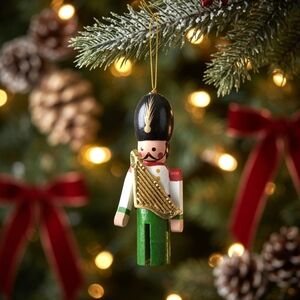 Vintage Wood Toy Soldier Harp Player Christmas Ornament Green 1.5x3.75" VG